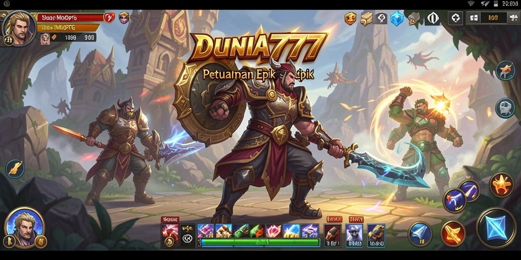 Screenshot gameplay DUNIA777 menampilkan pertarungan heroik dalam dunia fantasi.