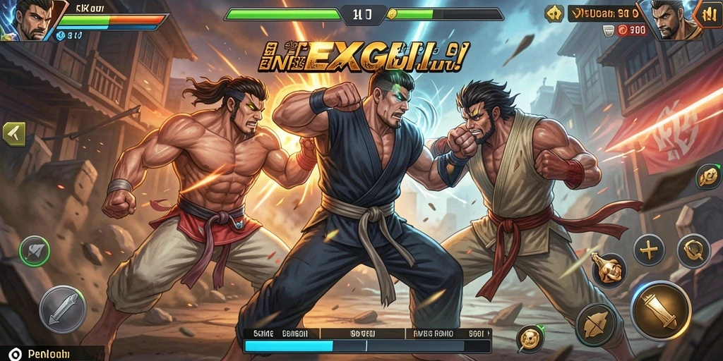 Screenshot utama NEXGID menampilkan aksi pertarungan yang intens.