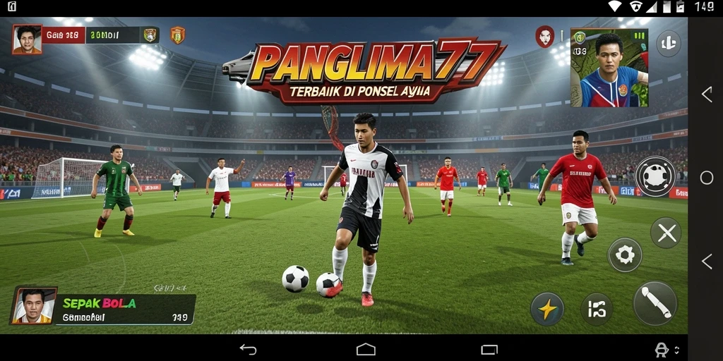 Screenshot gameplay PANGLIMA77 menampilkan aksi di lapangan sepak bola.