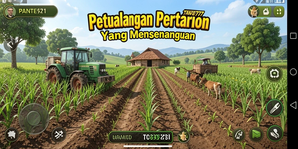 Screenshot gameplay TANTE777 menampilkan aktivitas pertanian yang menyenangkan.